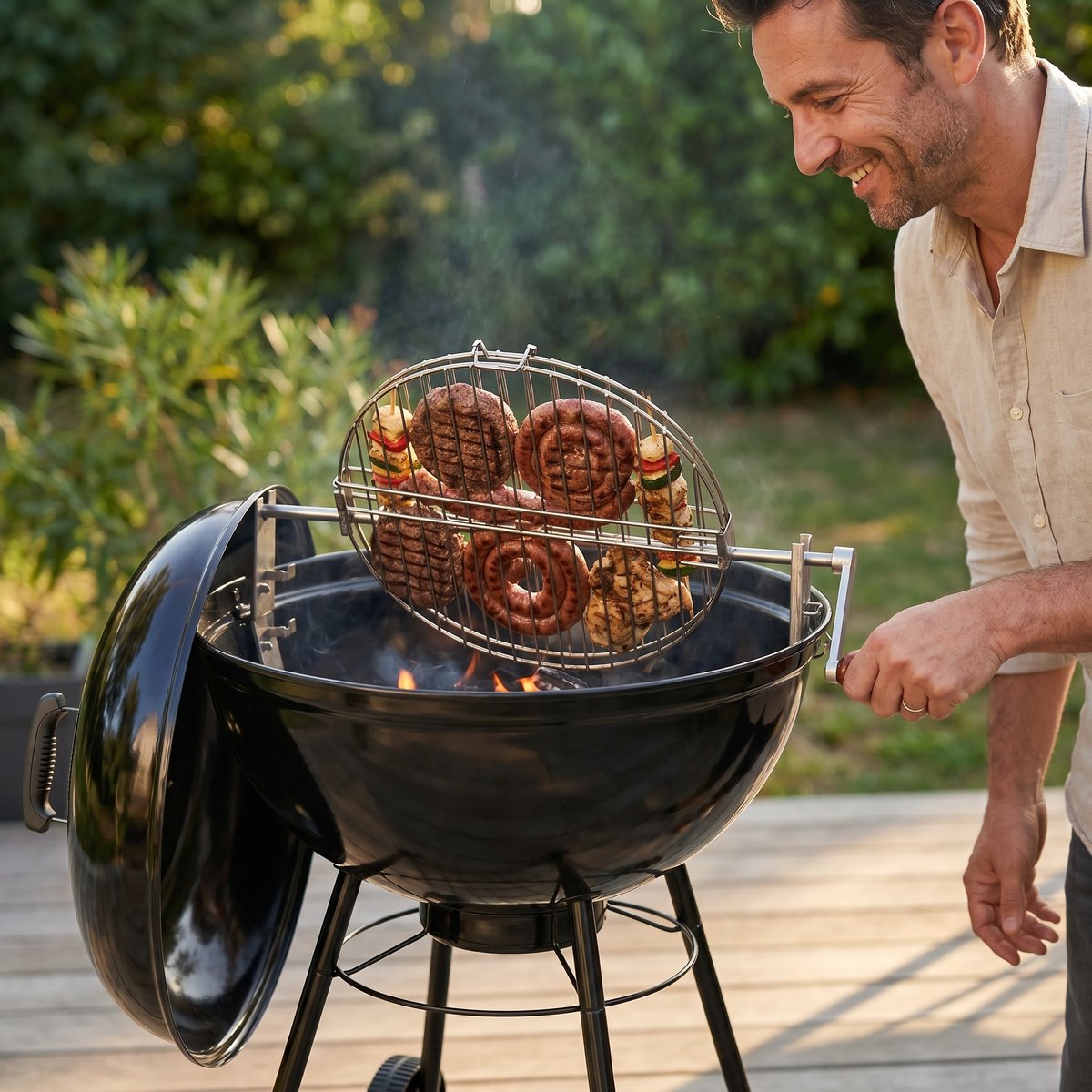 Un homme tourne la manivelle du barbecue Tournebraise sur la terrasse